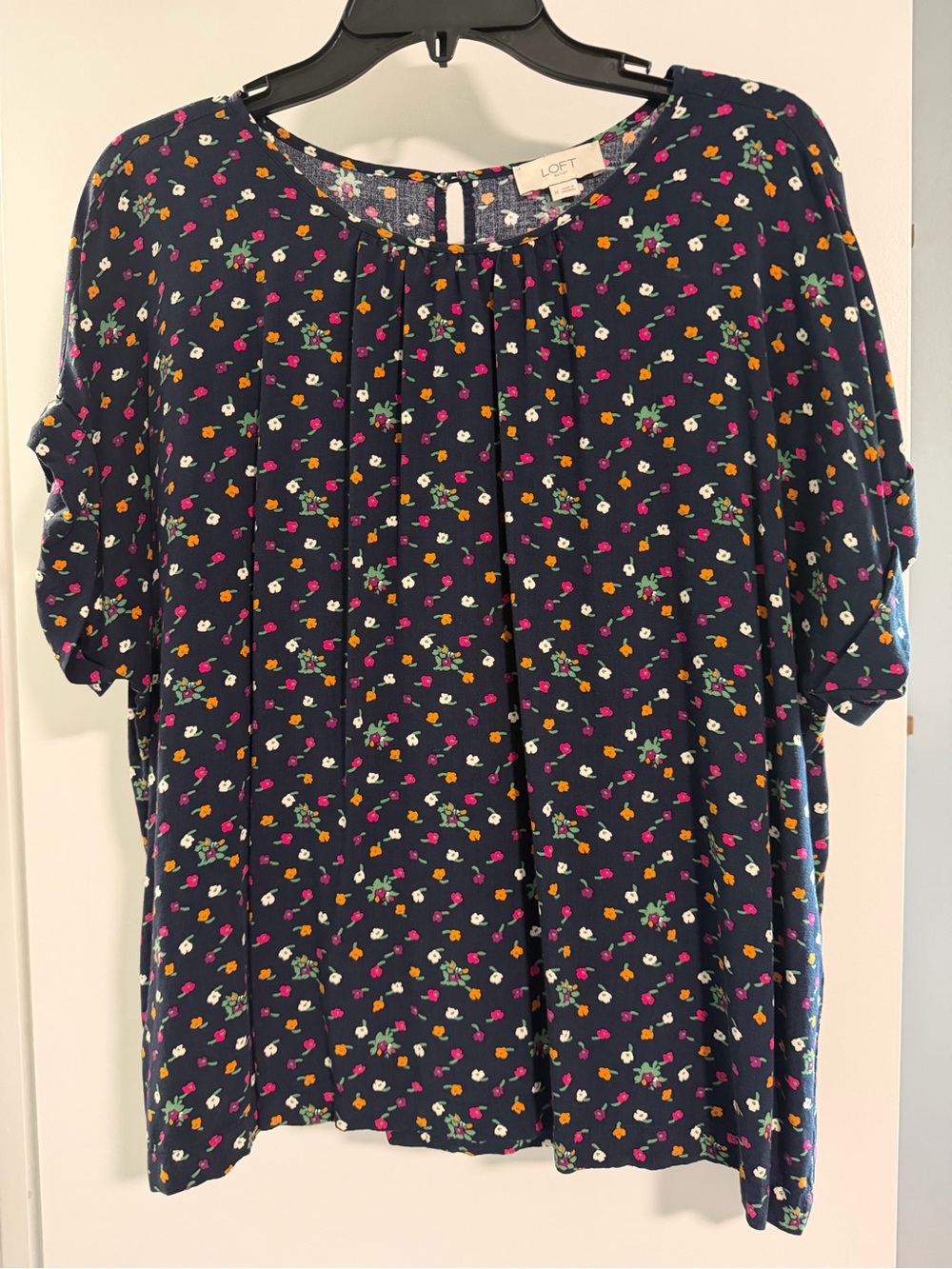 LOFT Navy Floral Short Sleeve Pleated Yoke Blouse